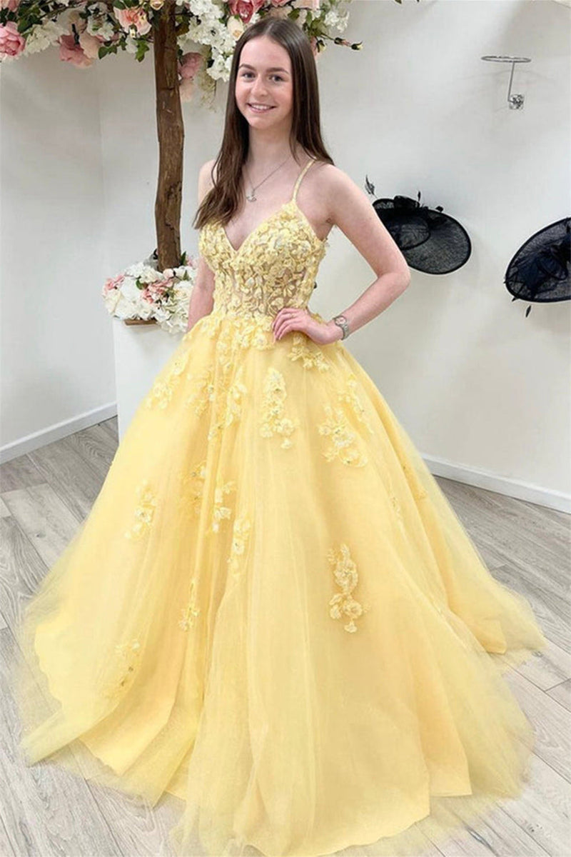 Load image into Gallery viewer, Yellow Spaghetti Straps Prom Gown