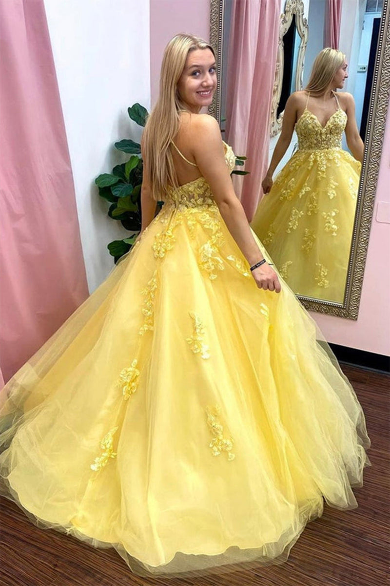 Load image into Gallery viewer, Yellow Spaghetti Straps Prom Gown