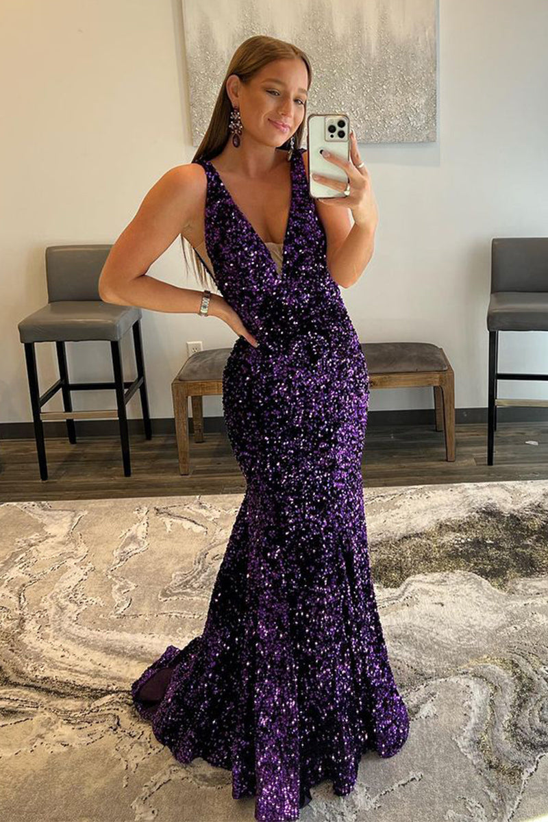 Load image into Gallery viewer, Purple Sequins Prom Dress