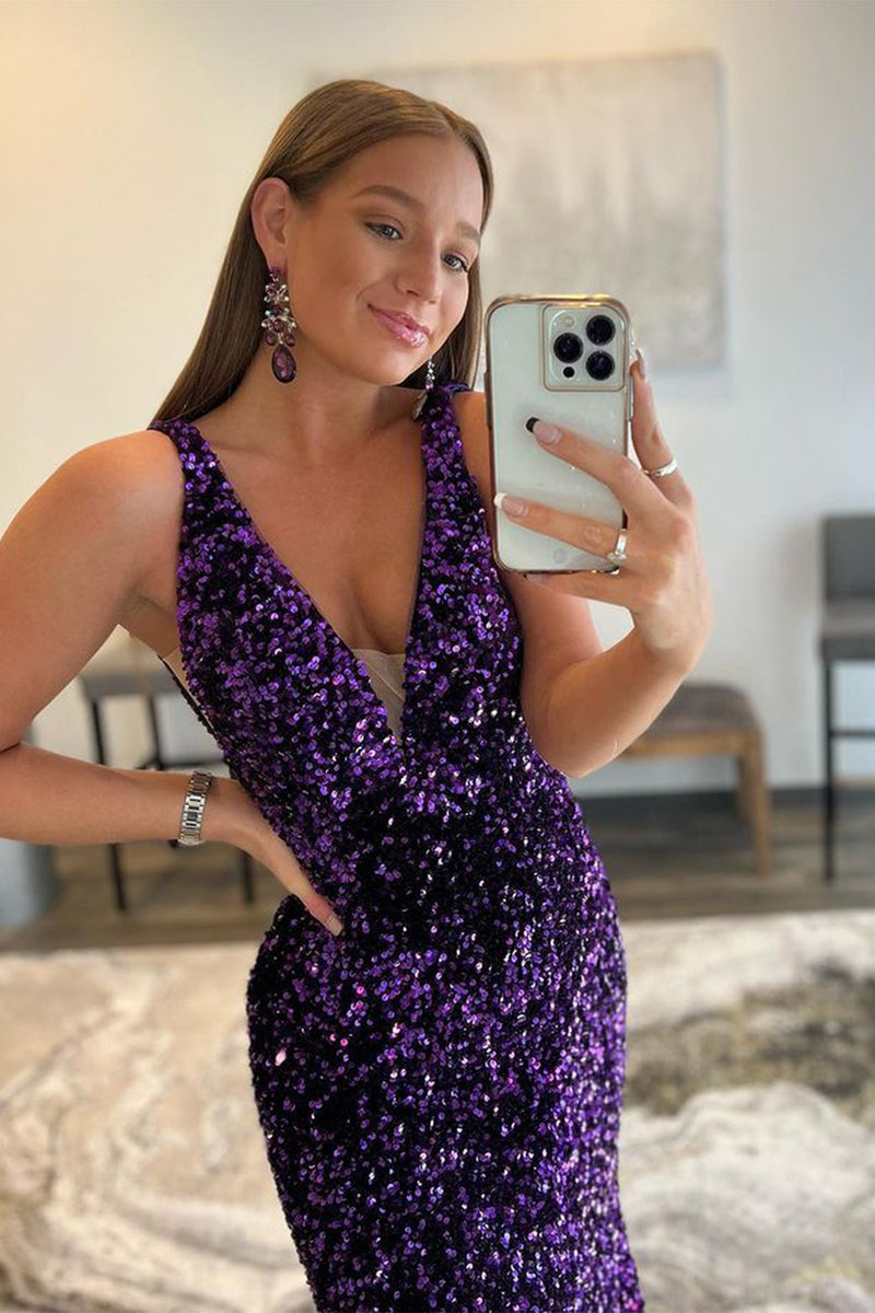 Load image into Gallery viewer, Purple Sequins Prom Dress