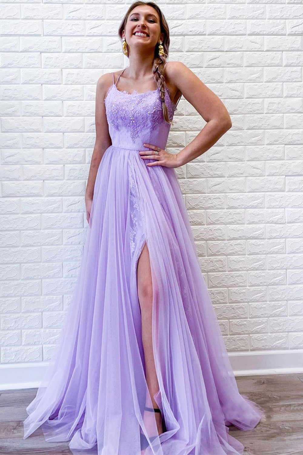 Lavender A Line Tulle Princess Prom Dress with Slit