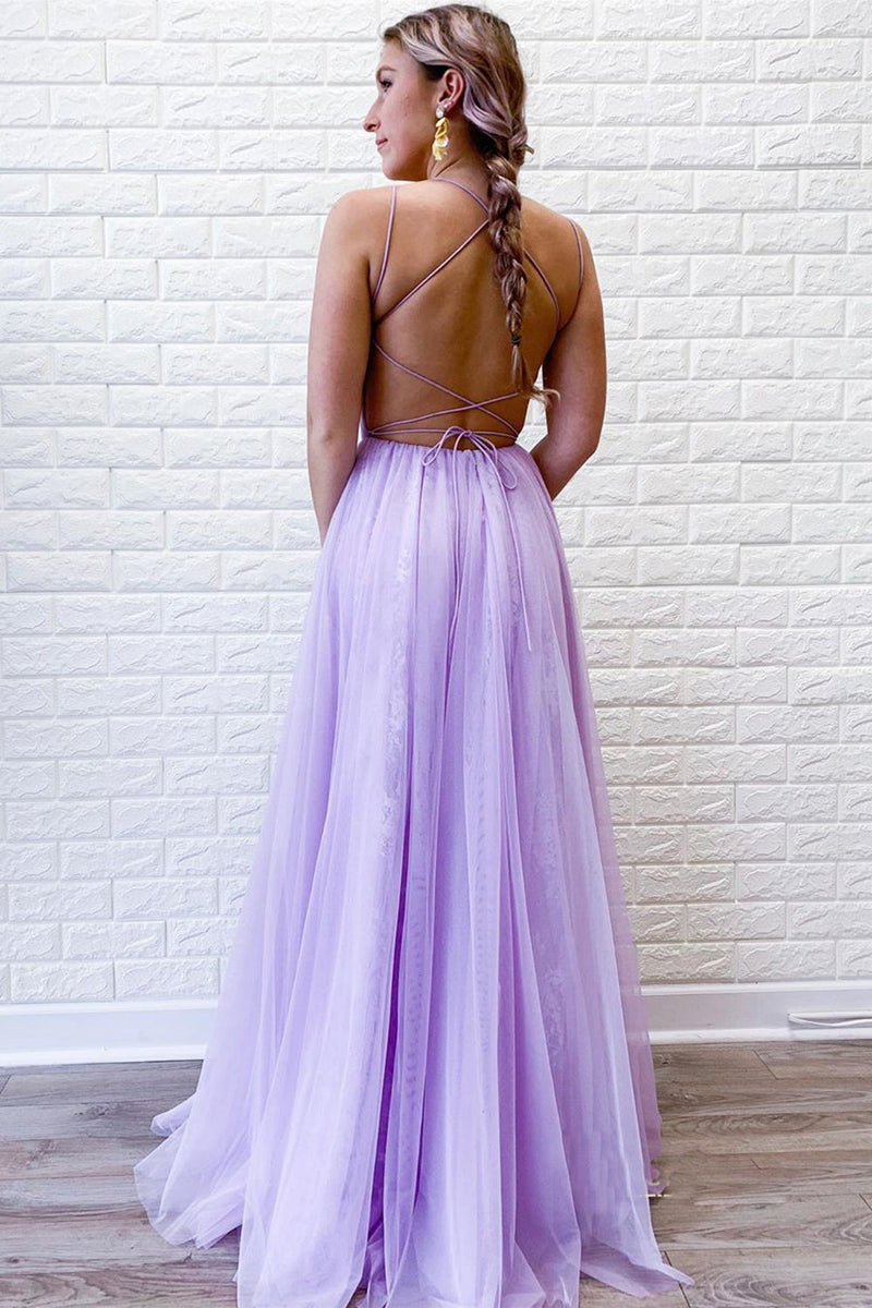 Load image into Gallery viewer, Lavender A Line Tulle Princess Prom Dress with Slit