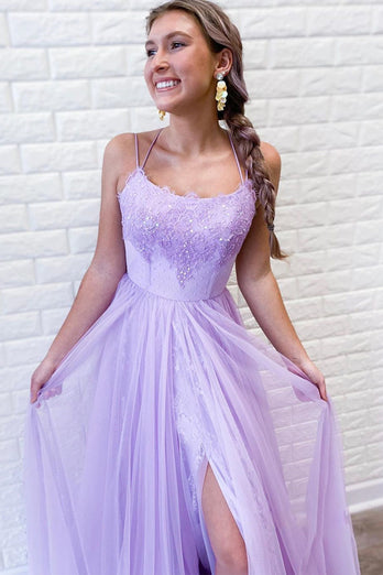 Lavender A Line Tulle Princess Prom Dress with Slit