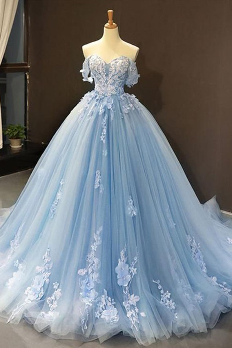 Load image into Gallery viewer, Off The Shoulder Light Blue Ball Gown Princess Prom Dress