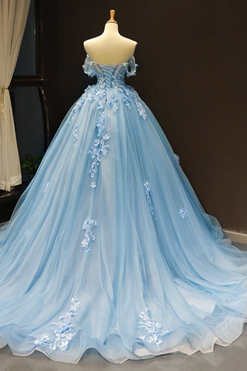 Off The Shoulder Light Blue Ball Gown Princess Prom Dress