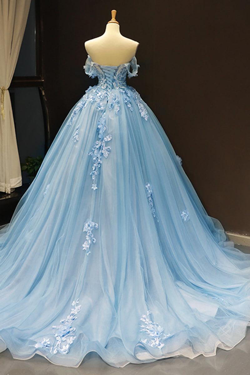 Load image into Gallery viewer, Off The Shoulder Light Blue Ball Gown Princess Prom Dress