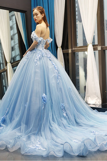 Off The Shoulder Light Blue Ball Gown Princess Prom Dress
