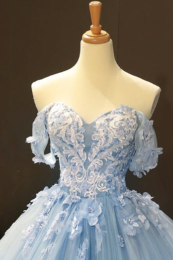 Off The Shoulder Light Blue Ball Gown Princess Prom Dress
