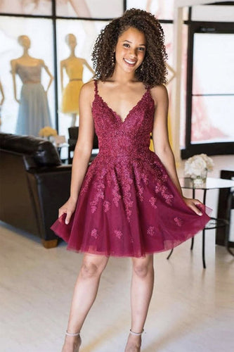 Burgundy Short Prom Dress with Appliques