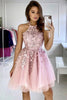 Load image into Gallery viewer, Sky Blue Halter Backless Short Prom Dress