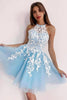 Load image into Gallery viewer, Sky Blue Halter Backless Short Prom Dress