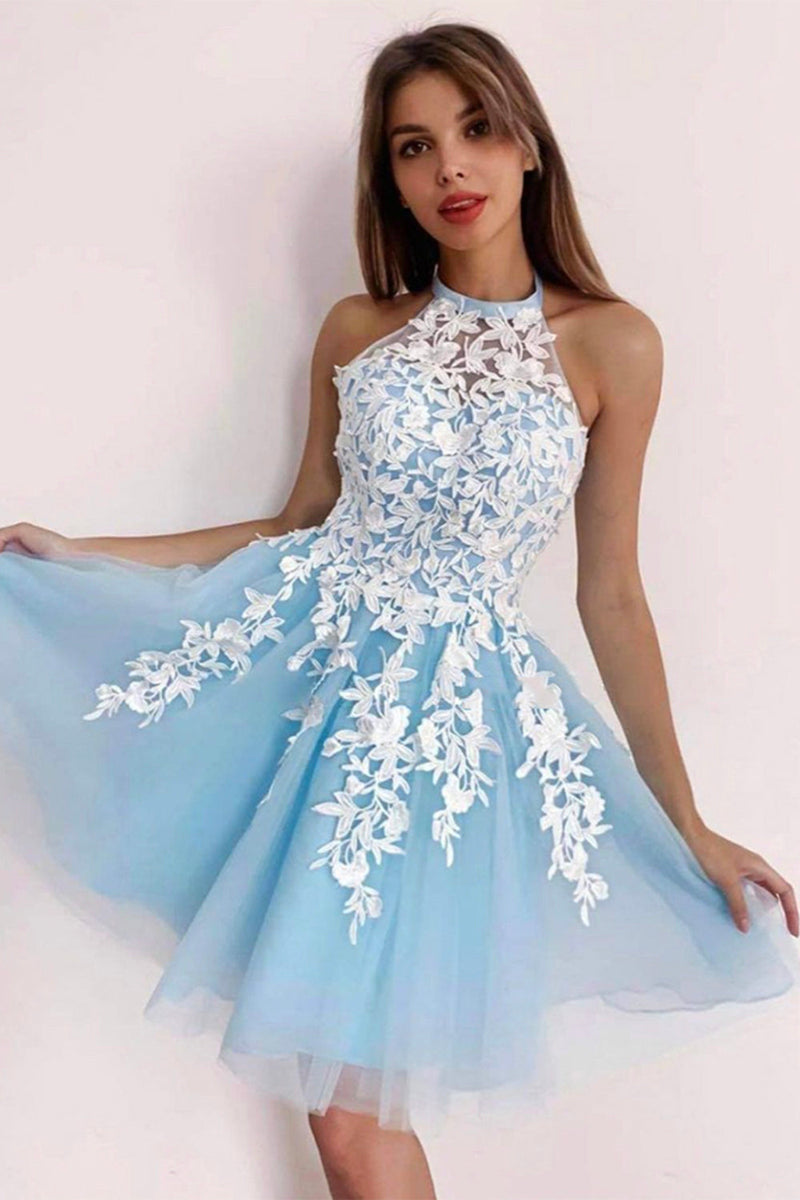 Hellymoon Women Short Prom Dress Sky Blue Halter Backless Graduation ...