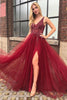 Load image into Gallery viewer, Burgundy Beaded Long Prom Dress with Slit