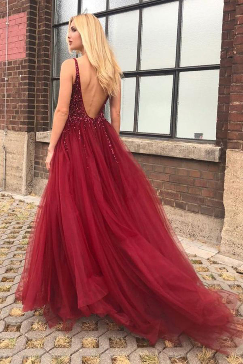 Load image into Gallery viewer, Burgundy Beaded Long Prom Dress with Slit