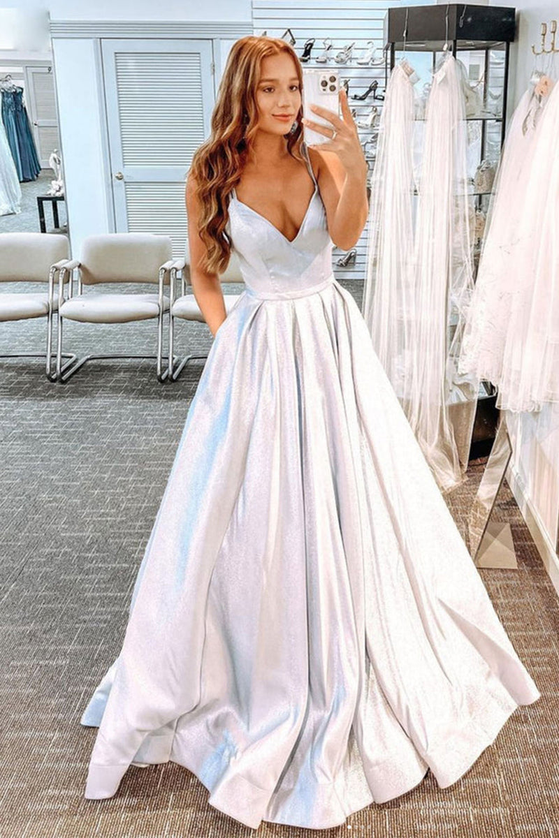 Load image into Gallery viewer, Glitter White Long Prom Dress with Pockets