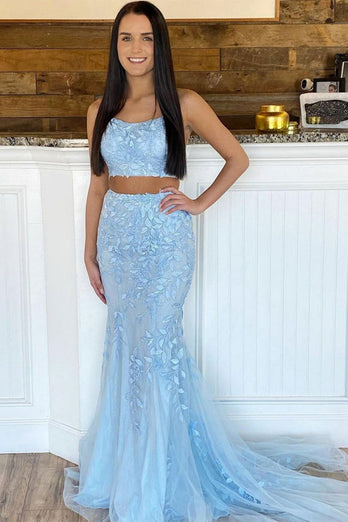 Two Piece Mermaid Blue Prom Dress