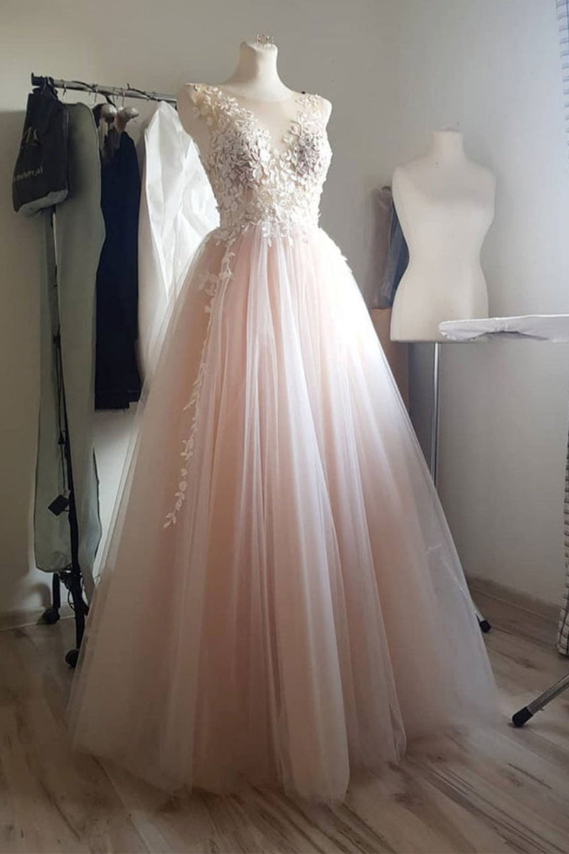 Load image into Gallery viewer, Pearl Pink Illusion Neck Long Prom Dress