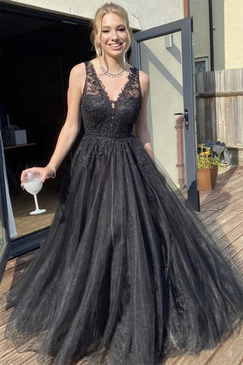 Load image into Gallery viewer, Black V Neck Long Prom Dress