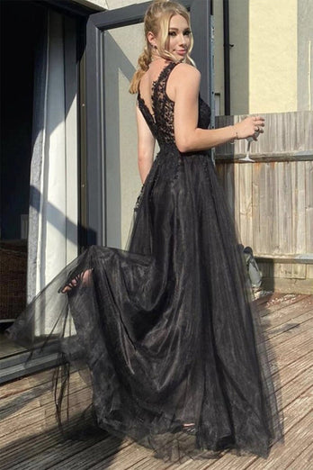 Black V Neck Long Prom Dress