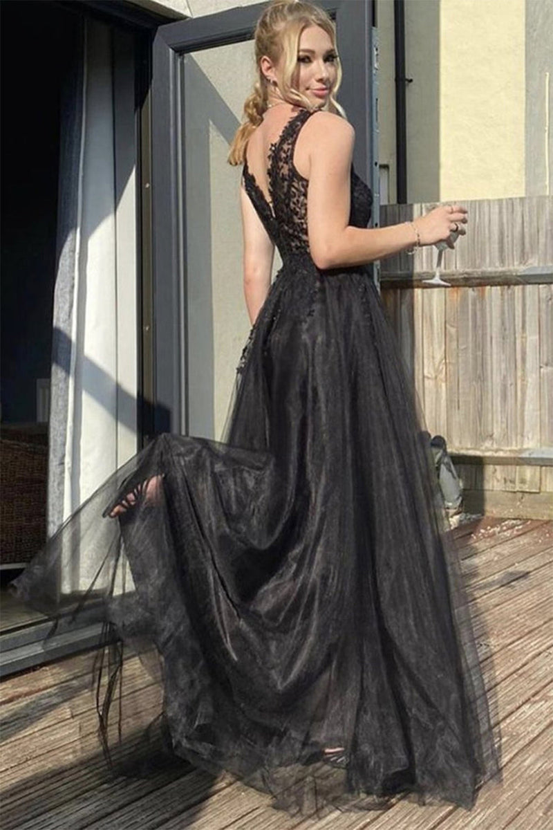 Load image into Gallery viewer, Black V Neck Long Prom Dress