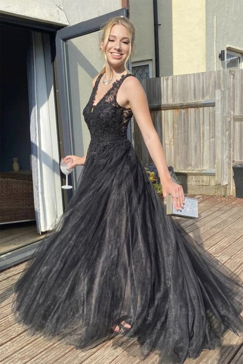 Load image into Gallery viewer, Black V Neck Long Prom Dress