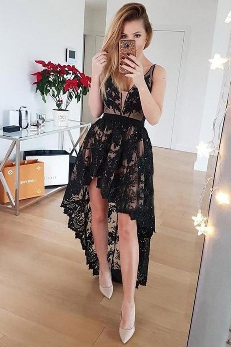 Load image into Gallery viewer, Black High Low Lace Party Dress