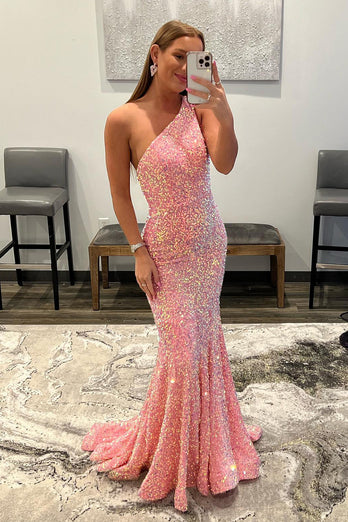 Burgundy One Shoulder Sequins Mermaid Sparkly Prom Dress