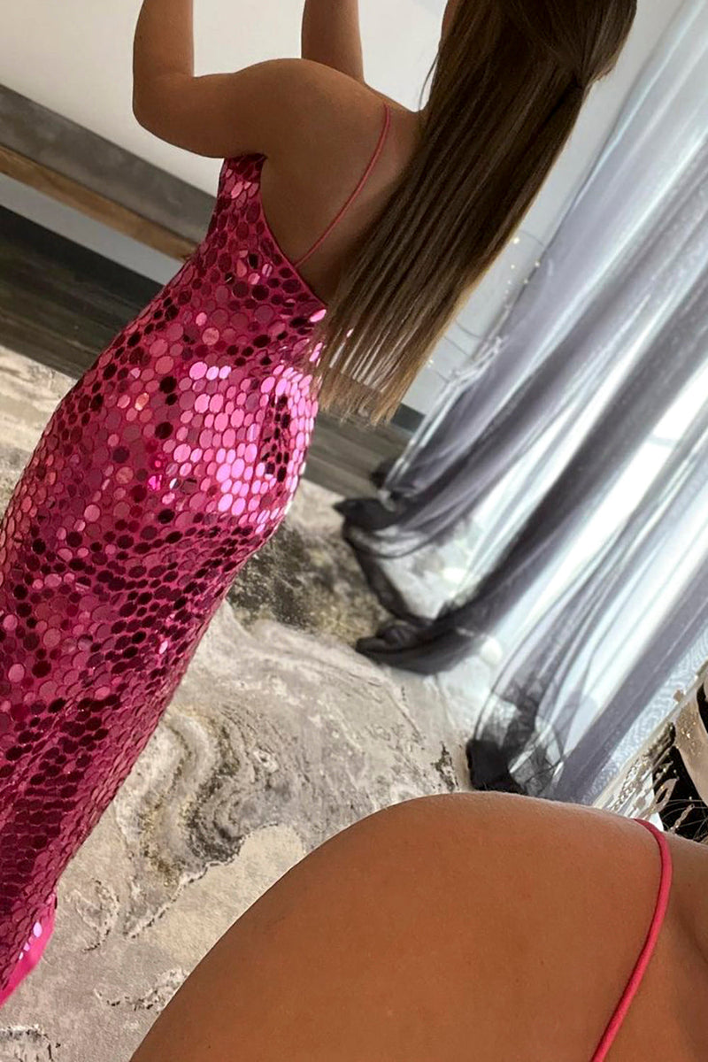 Load image into Gallery viewer, Glitter Hot Pink Sequins Backless Prom Dress with Slit