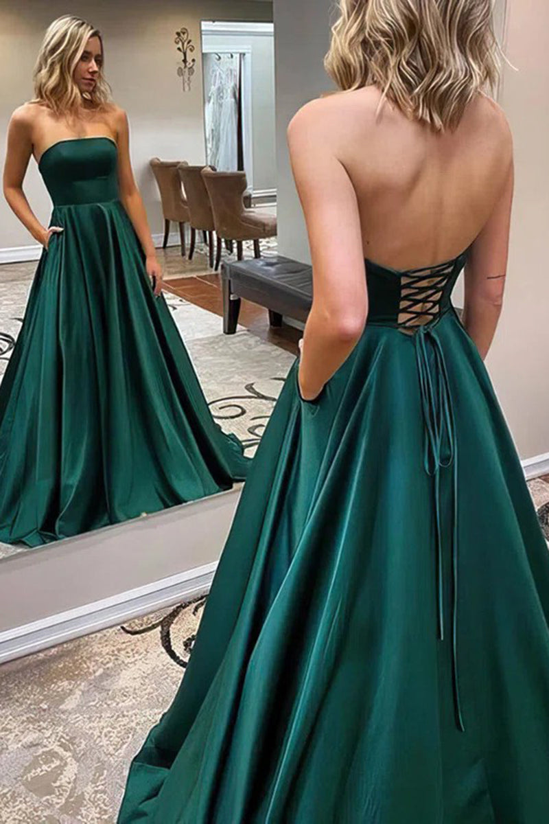 Load image into Gallery viewer, A Line Strapless Dark Green Long Prom Dress Criss Cross Back