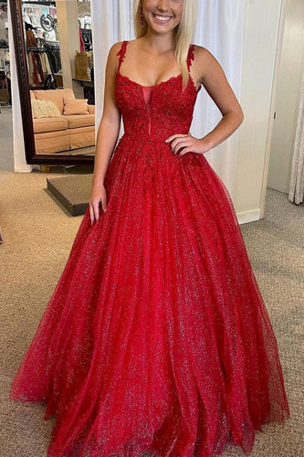 Red A-line Backless Glitter Princess Prom Dress with Beading