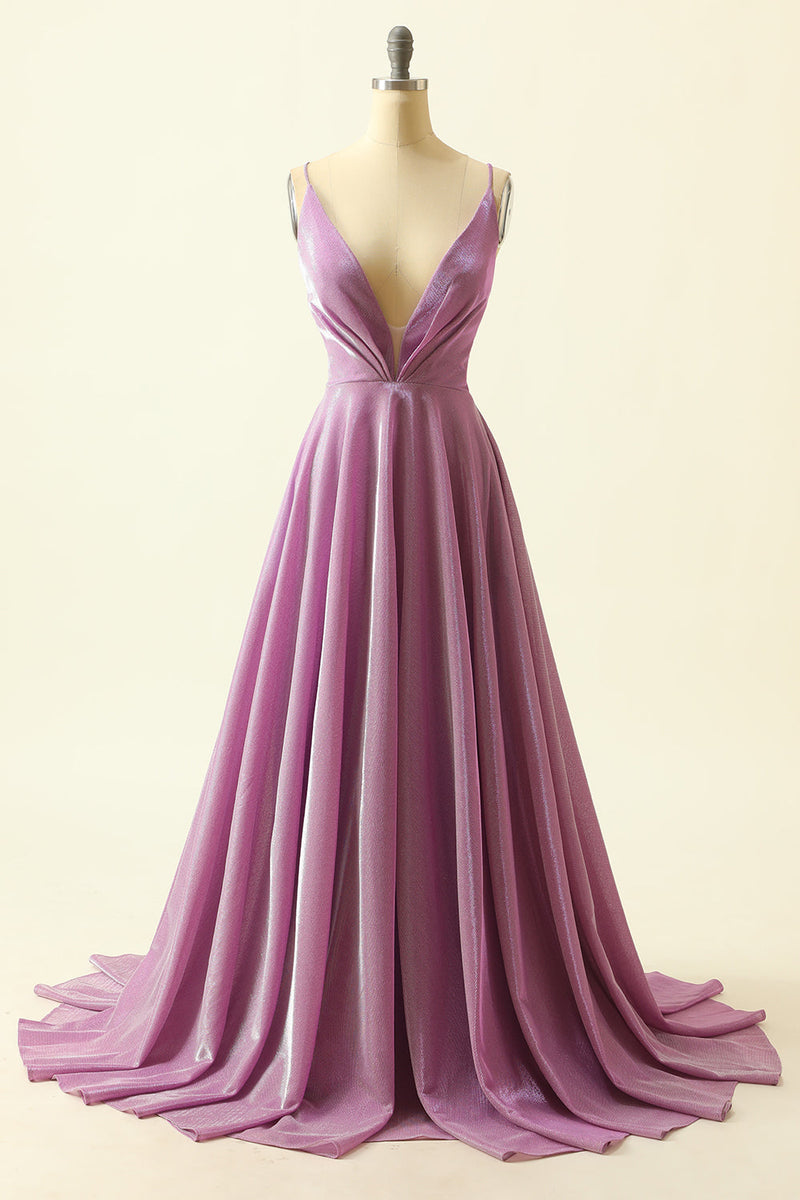 Load image into Gallery viewer, V-neck Purple A Line Glitter Prom Dress