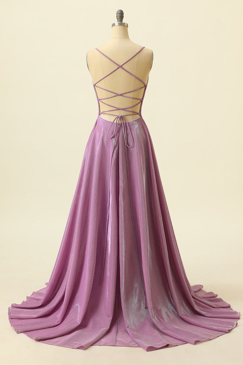 Load image into Gallery viewer, V-neck Purple A Line Glitter Prom Dress