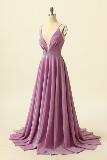 V-neck Purple A Line Glitter Prom Dress