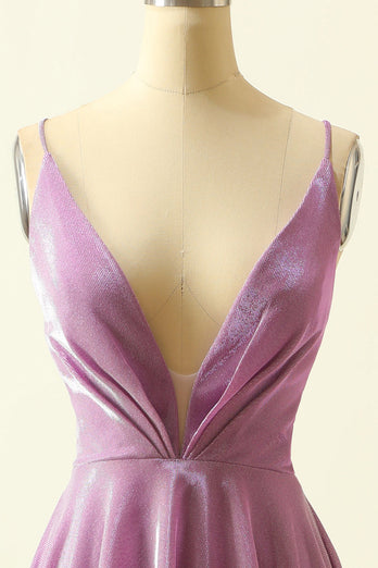 V-neck Purple A Line Glitter Prom Dress