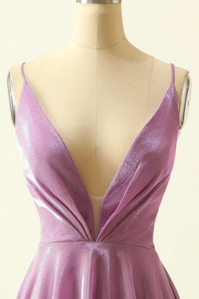 Load image into Gallery viewer, V-neck Purple A Line Glitter Prom Dress