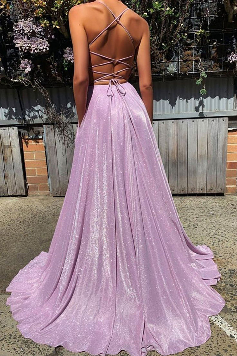 Load image into Gallery viewer, Purple V-neck Sparkly Prom Dress