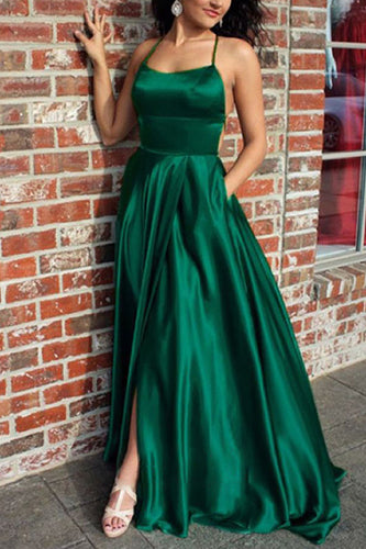 Green Satin A-line Backless Simple Prom Dress