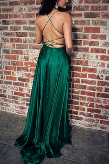 Green Satin A-line Backless Simple Prom Dress
