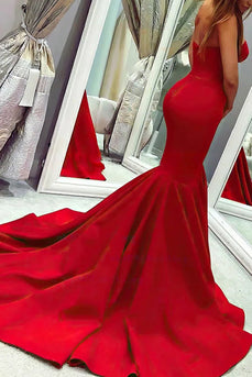 Red Satin Strapless Mermaid Prom Dress