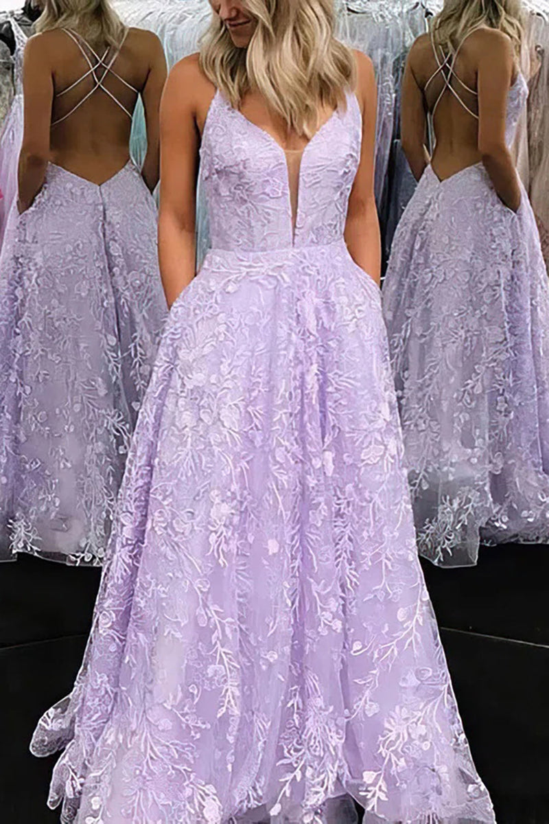 Load image into Gallery viewer, Purple A-line Prom Dress with Embroidered
