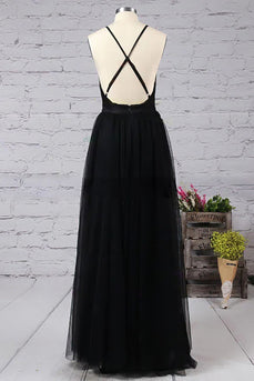 Black Deep V-neck Tulle Prom Dress