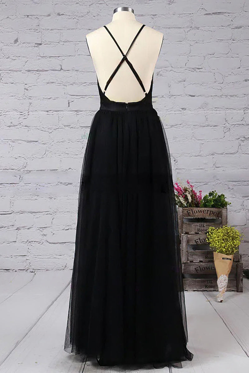 Load image into Gallery viewer, Black Deep V-neck Tulle Prom Dress