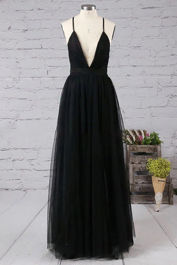 Black Deep V-neck Tulle Prom Dress
