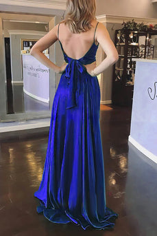 Royal Blue Satin A-line Prom Dress with Pockets