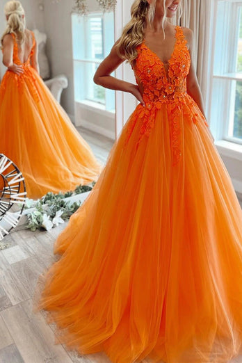 Princess A Line Deep V Neck Blush Long Prom Dress with Appliques