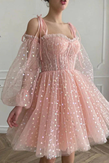 A Line Off the Shoulder Blush Graduation Dress with Long Sleeves