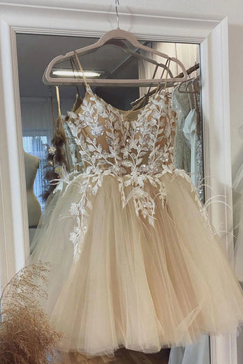 Beige Spaghetti Straps Short Prom Dress With Appliques