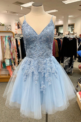 Blue Spaghetti Straps Short Prom Dress With Appliques