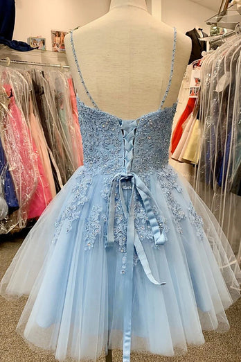 Blue Spaghetti Straps Short Prom Dress With Appliques