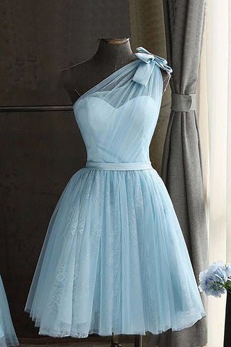 One Shoulder Blue Graduation Dress With Bowknot